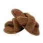Brown wool slippers with a crossover strap design and textured fleece finish.