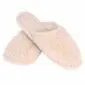 SlippersMerinoBeige01.jpg Beige merino wool slippers with a textured, curly fleece exterior and open heel design.