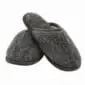 A pair of men's dark grey textured wool slippers with a slip-on design and rounded toes.