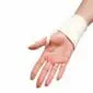 Cream merino wool wrist support wrap with thumb loop worn on a person's hand.