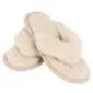 Beige flip-flop style slippers with thick, fluffy wool straps and textured footbeds.