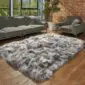 Hide Rugs_Lifestyle_0333 Large rectangular Icelandic sheepskin rug with long, thick grey and white wool pile on a wooden floor.