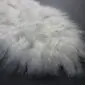 Close-up of an ivory Icelandic sheepskin rug with long, thick, natural wool fibres.