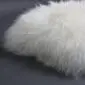 Close-up of a fluffy ivory sheepskin cushion with long, natural wool fibres.