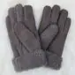 A pair of mushroom grey suede sheepskin gloves with visible stitching and textured wool cuffs.