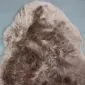 Natural sheepskin rug with thick, curly wool in mottled shades of grey, brown, and cream.