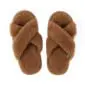 A pair of brown, fluffy wool slippers with a cross-over strap design and open toes.