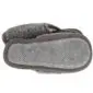 Underside view of a grey merino wool slipper showing the textured felt sole and stitched border.