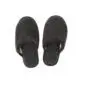 A pair of dark grey, textured merino wool slippers with an open back design, viewed from above.