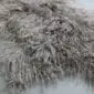 Close up of a Mongolian lambskin rug in vole grey with long, curly, textured wool.