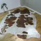 Natural shaped cowhide rug with white and brown patches featuring rose gold metallic speckles.
