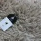 Close-up of a beige curly sheepskin rug with a black and white product tag.