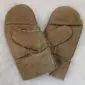 A pair of light brown sheepskin mittens with visible stitching and soft suede texture.