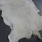Natural goatskin rug with short cream and light grey fur in an irregular hide shape.