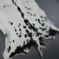 Natural goatskin rug with white fur and black spots, featuring a dark dorsal stripe and irregular edges.