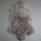 IMG_1449 Sand coloured Mongolian lambskin rug with long, curly wool fibres and a natural hide shape.