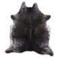Natural shaped cowhide rug with dark grey and black speckled salt and pepper markings.