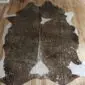 Brown and White Gold Metallic Cowhide Rug CM268 (4) Natural brown and white cowhide rug with gold metallic speckles and an irregular shape.