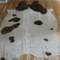 Natural shaped cowhide rug with dark brown spots on a white base featuring gold metallic speckles.