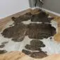 Brown and White Gold Metallic Cowhide Rug CM284 (2) Natural brown and white cowhide rug with metallic gold splatters and an irregular shape.
