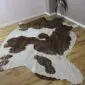 Brown and White Gold Metallic Cowhide Rug CM310 (2) Natural shaped cowhide rug with brown and white patches and metallic gold speckles on a wooden floor.