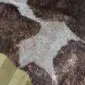 Close-up of a brown and white cowhide rug with metallic rose gold speckles.