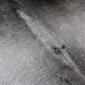 Close-up of a grey cowhide rug showing natural hair texture and a central spine marking.