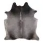 Natural grey cowhide rug with salt and pepper speckling and a dark spine line .