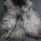 Natural grey Icelandic sheepskin rug with long, curly wool in variegated shades of silver, charcoal and white.