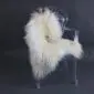 Natural white Icelandic sheepskin rug with long curly wool and brown spots laid flat.