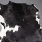 Natural goatskin rug with a black and white speckled pattern and irregular edges.