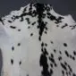Natural goatskin rug with white fur and black spots.