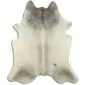 Natural cowhide rug in light grey and cream with an organic shape and speckled texture.