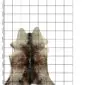 Natural cowhide rug with brown and grey speckled patterns and an irregular shape, displayed on a grid background.