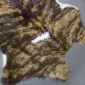 Natural brindle calfskin rug with dark brown and tan stripes and white edges.