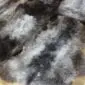 Rare-Breed Sheepskin Rug 6 Skin RBS6S-76 (5) Close up of a thick rare breed sheepskin rug with long, textured wool in mottled grey, cream and charcoal tones.