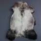 Natural rare breed sheepskin rug with cream wool and dark brown markings on a grey background.
