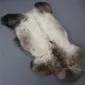 Natural rare breed sheepskin rug with cream wool and dark brown markings on a grey background. detail view