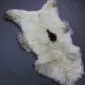 Large cream rare breed sheepskin rug with a natural shape and a single dark brown spot in the centre.