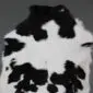 Natural calfskin rug with a black and white speckled pattern and organic edges.