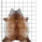 Natural cowhide rug with brown and white speckled patterns on a grid background.