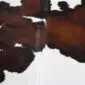 Cowhide Rug C00974 (2) Close-up of a natural cowhide rug featuring dark brown and black patches on a white background.
