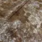 Close-up of a brown and white cowhide rug showing natural hair texture and speckled colour patterns.