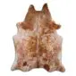 Natural shaped cowhide rug with a speckled brown and white pattern.