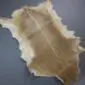 Natural goatskin rug with tan and cream fur, featuring an irregular shape and short hair texture.