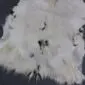 Natural white goatskin rug with long, textured fur and subtle grey markings.
