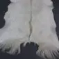 Natural white goatskin rug with long, shaggy fur and a central dorsal stripe on a dark background.