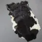 Natural goatskin rug with a black and white mottled pattern and irregular edges. detail view