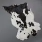 Natural goatskin rug with a black and white dappled pattern and irregular shape.