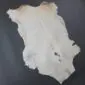 Natural goatskin rug in cream and light grey with small dark spots and an irregular shape.